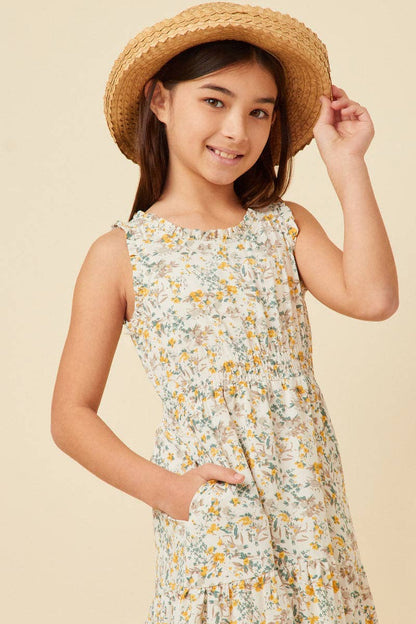 Girls Antique Floral Smocked Waist Tank Midi Dress: Ivory