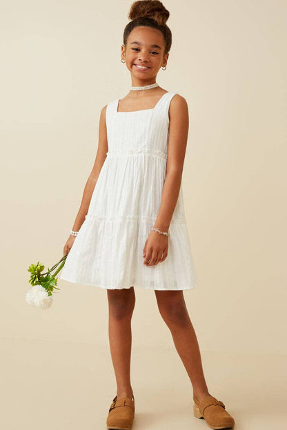 Girls Textured Square Neck Ruffle Tiered Dress: Off White