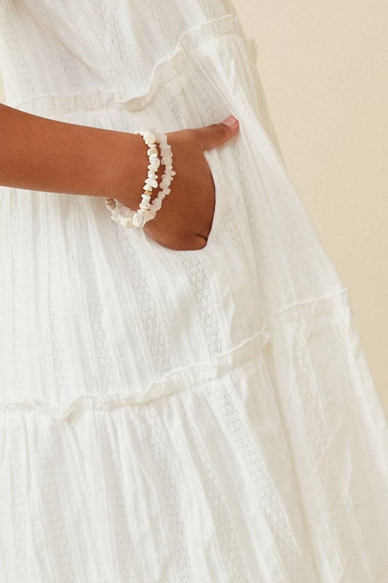 Girls Textured Square Neck Ruffle Tiered Dress: Off White