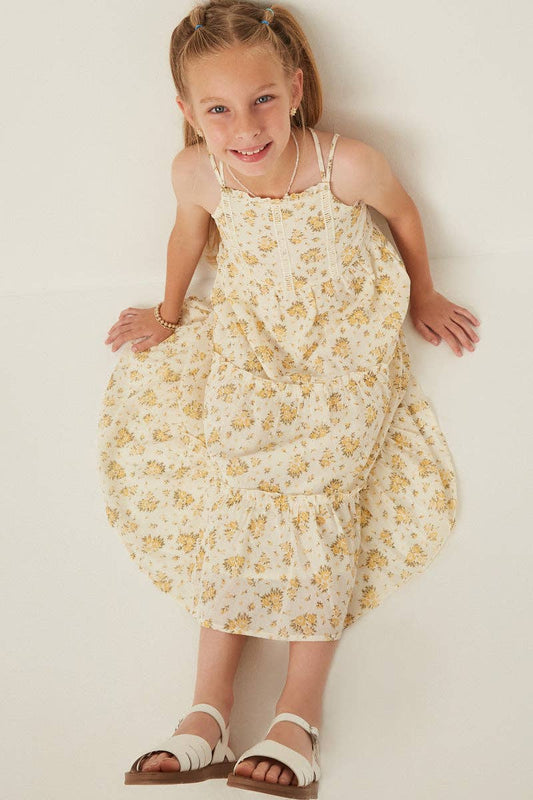 Girls Textured Lace Detail Strappy Back Dress: Yellow