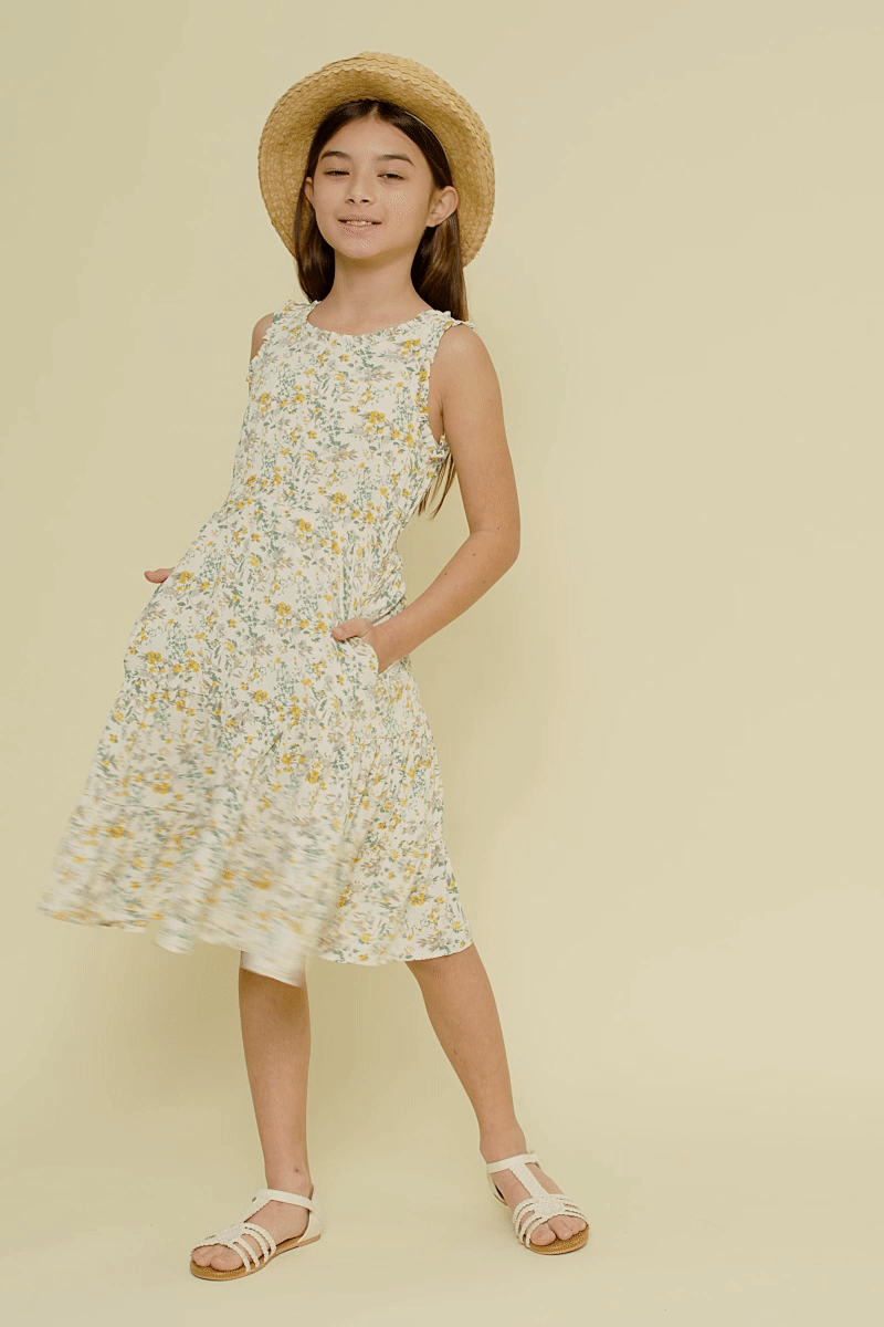 Girls Antique Floral Smocked Waist Tank Midi Dress: Ivory