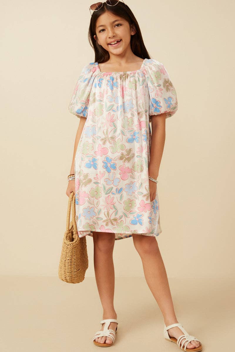 Girls Floral Puff Sleeve Foiled Dress: Ivory