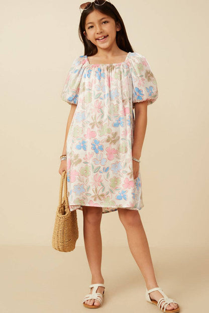 Girls Floral Puff Sleeve Foiled Dress: Ivory