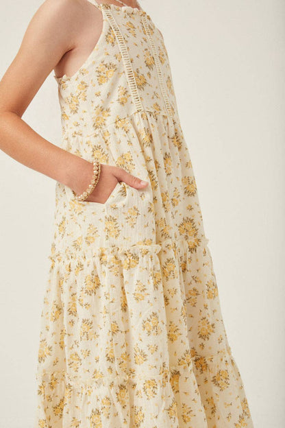 Girls Textured Lace Detail Strappy Back Dress: Yellow