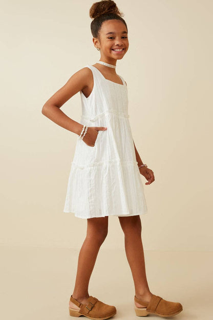 Girls Textured Square Neck Ruffle Tiered Dress: Off White