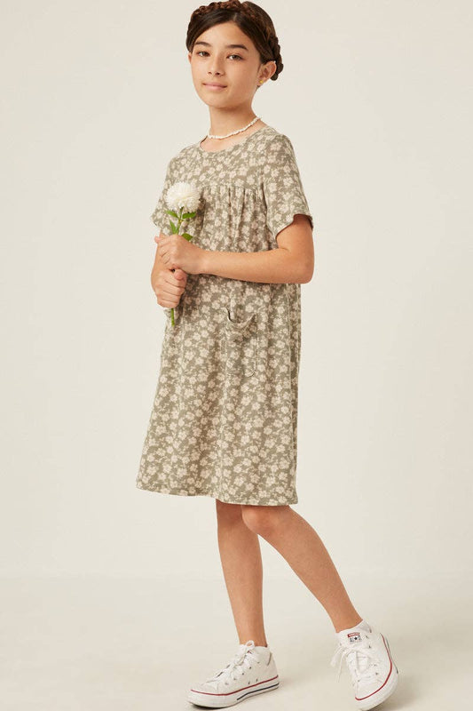 Girls Floral Print French Terry Slouchy Pocket Dress: Sage