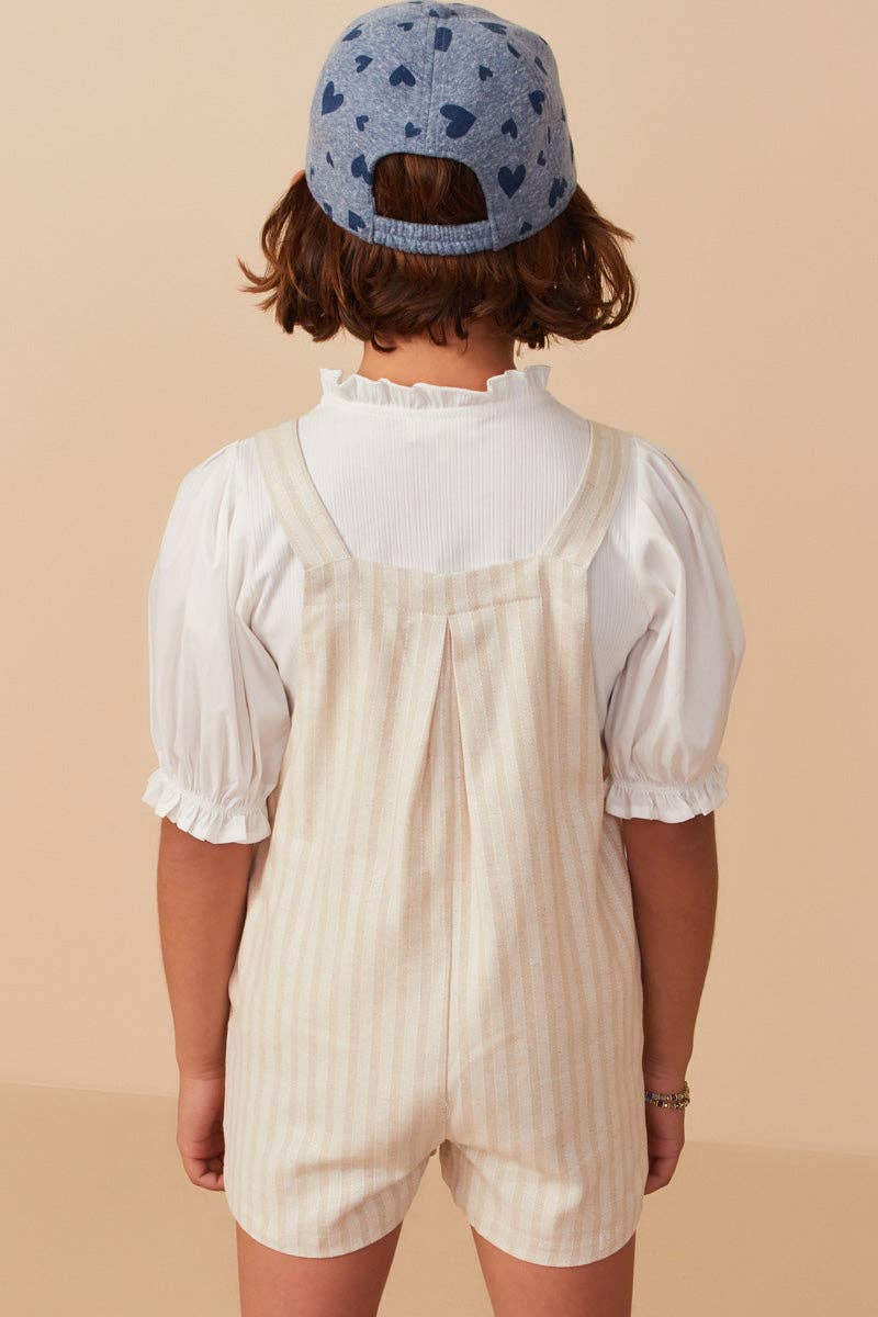Girls Striped Pleat Detail Overalls: Oatmeal