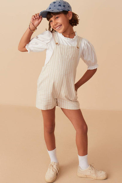Girls Striped Pleat Detail Overalls: Oatmeal