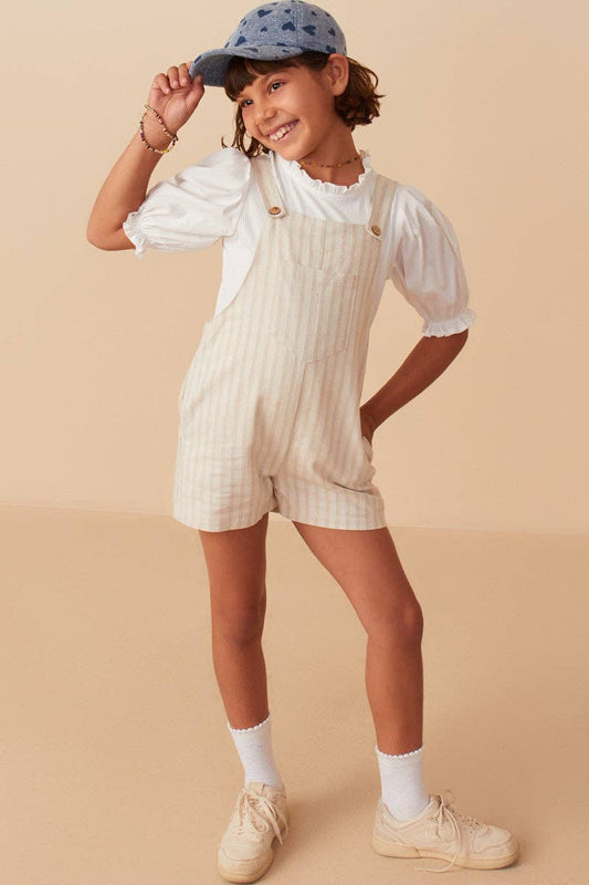 Girls Striped Pleat Detail Overalls: Oatmeal