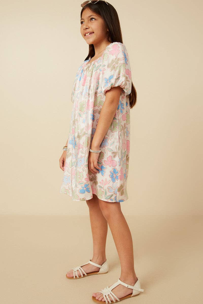 Girls Floral Puff Sleeve Foiled Dress: Ivory