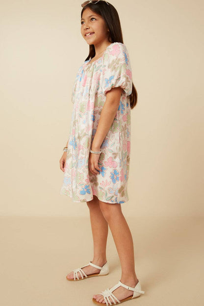 Girls Floral Puff Sleeve Foiled Dress: Ivory