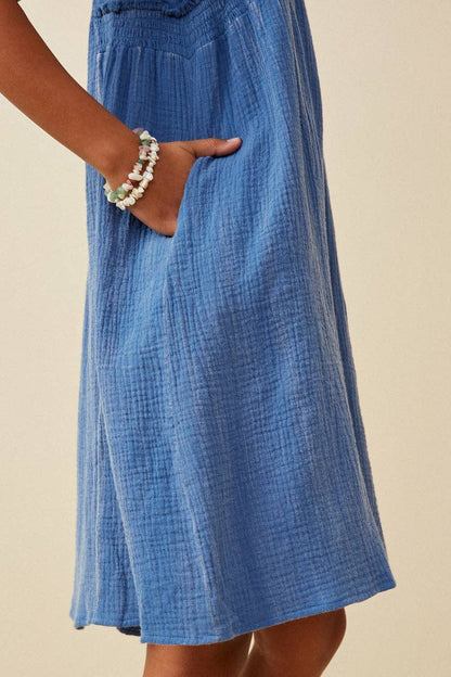 Girls Washed Textured Smock Detail Tank Dress: Blue