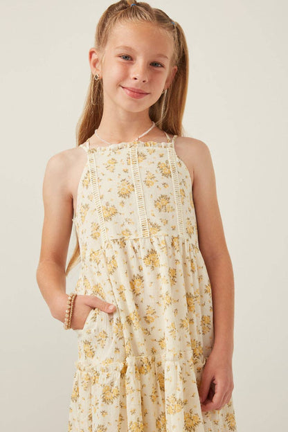 Girls Textured Lace Detail Strappy Back Dress: Yellow