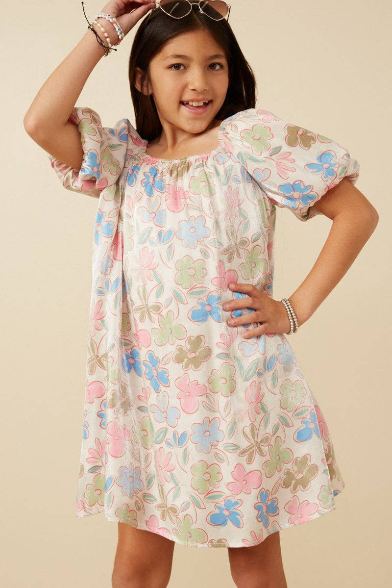 Girls Floral Puff Sleeve Foiled Dress: Ivory