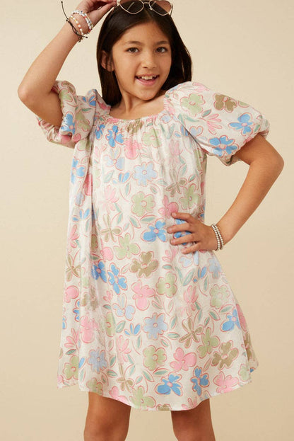 Girls Floral Puff Sleeve Foiled Dress: Ivory