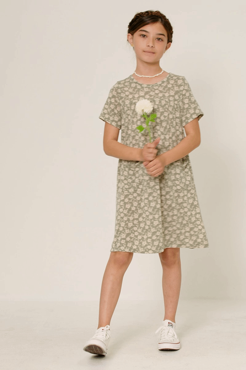 Girls Floral Print French Terry Slouchy Pocket Dress: Sage