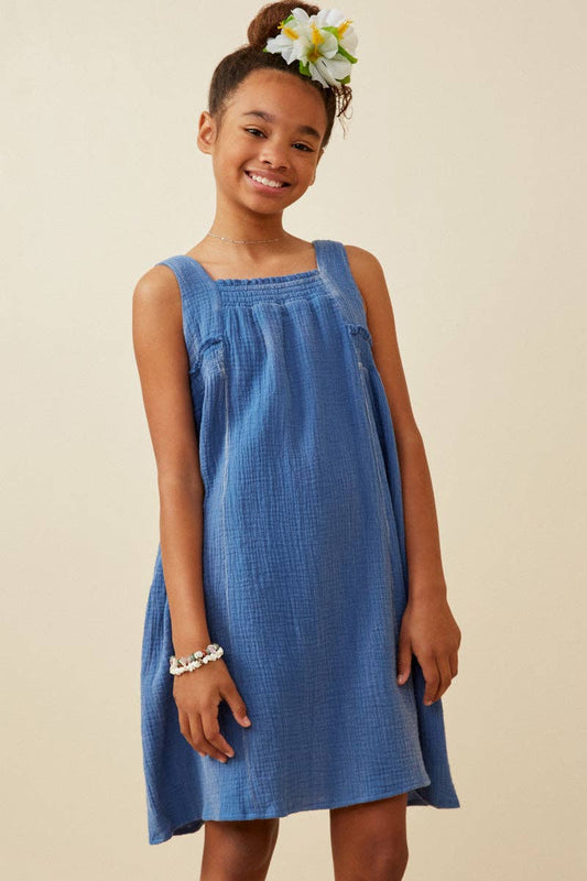 Girls Washed Textured Smock Detail Tank Dress: Blue