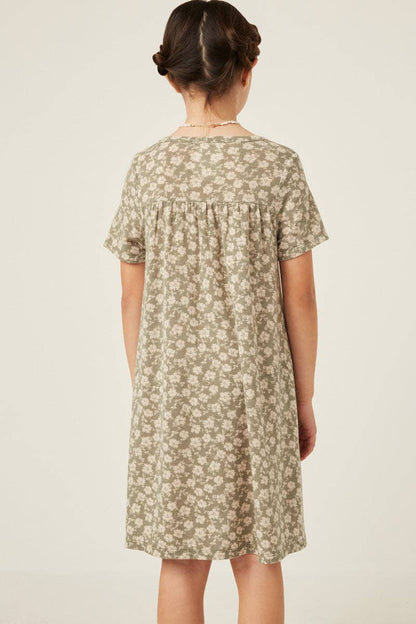 Girls Floral Print French Terry Slouchy Pocket Dress: Sage