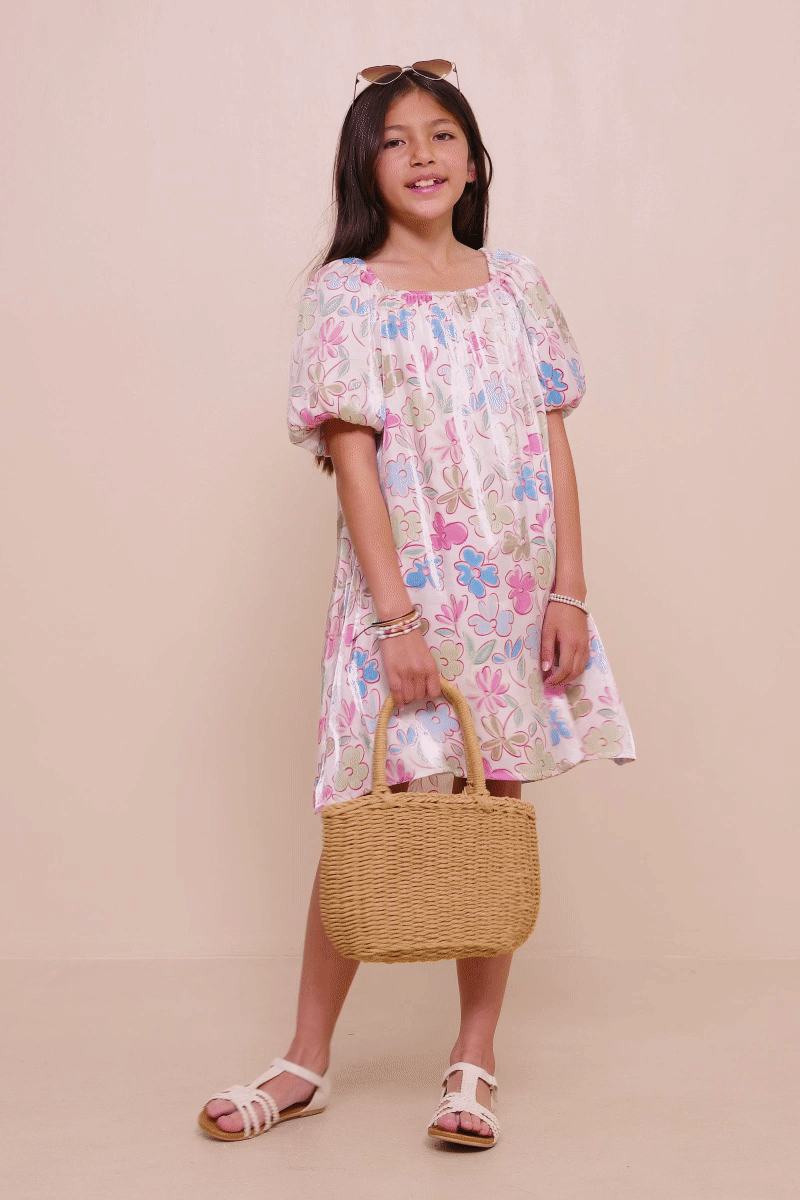 Girls Floral Puff Sleeve Foiled Dress: Ivory