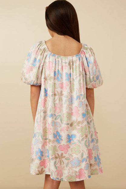 Girls Floral Puff Sleeve Foiled Dress: Ivory