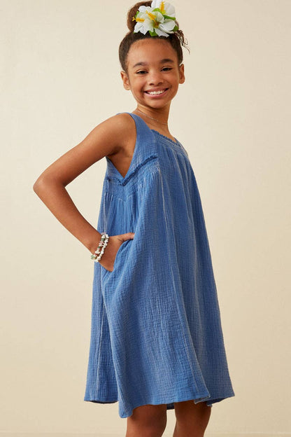 Girls Washed Textured Smock Detail Tank Dress: Blue
