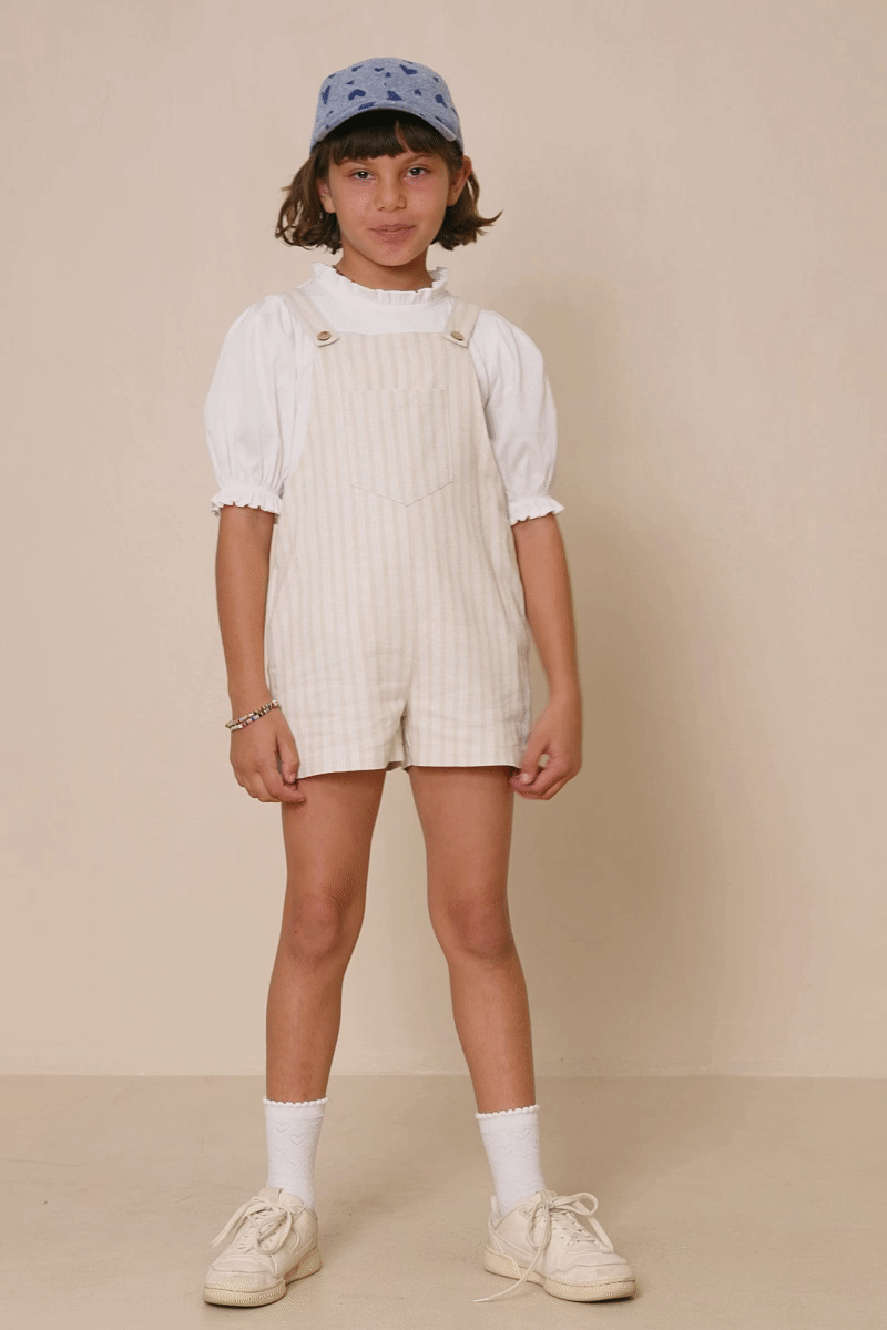 Girls Striped Pleat Detail Overalls: Oatmeal