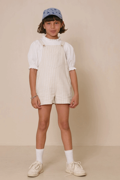 Girls Striped Pleat Detail Overalls: Oatmeal