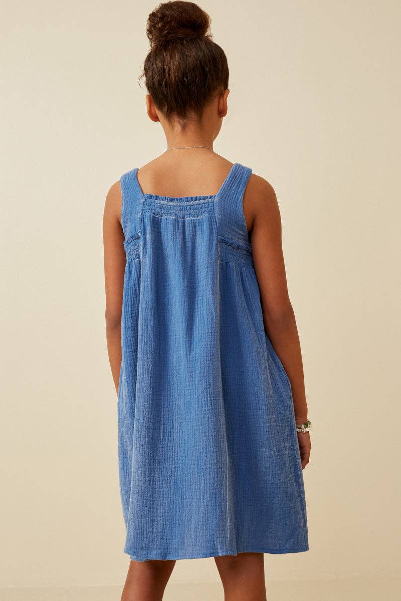 Girls Washed Textured Smock Detail Tank Dress: Blue