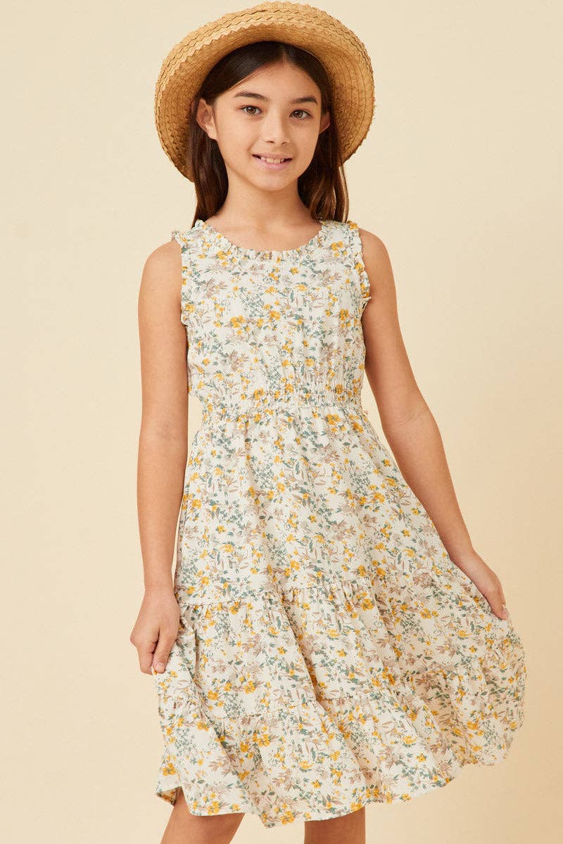 Girls Antique Floral Smocked Waist Tank Midi Dress: Ivory