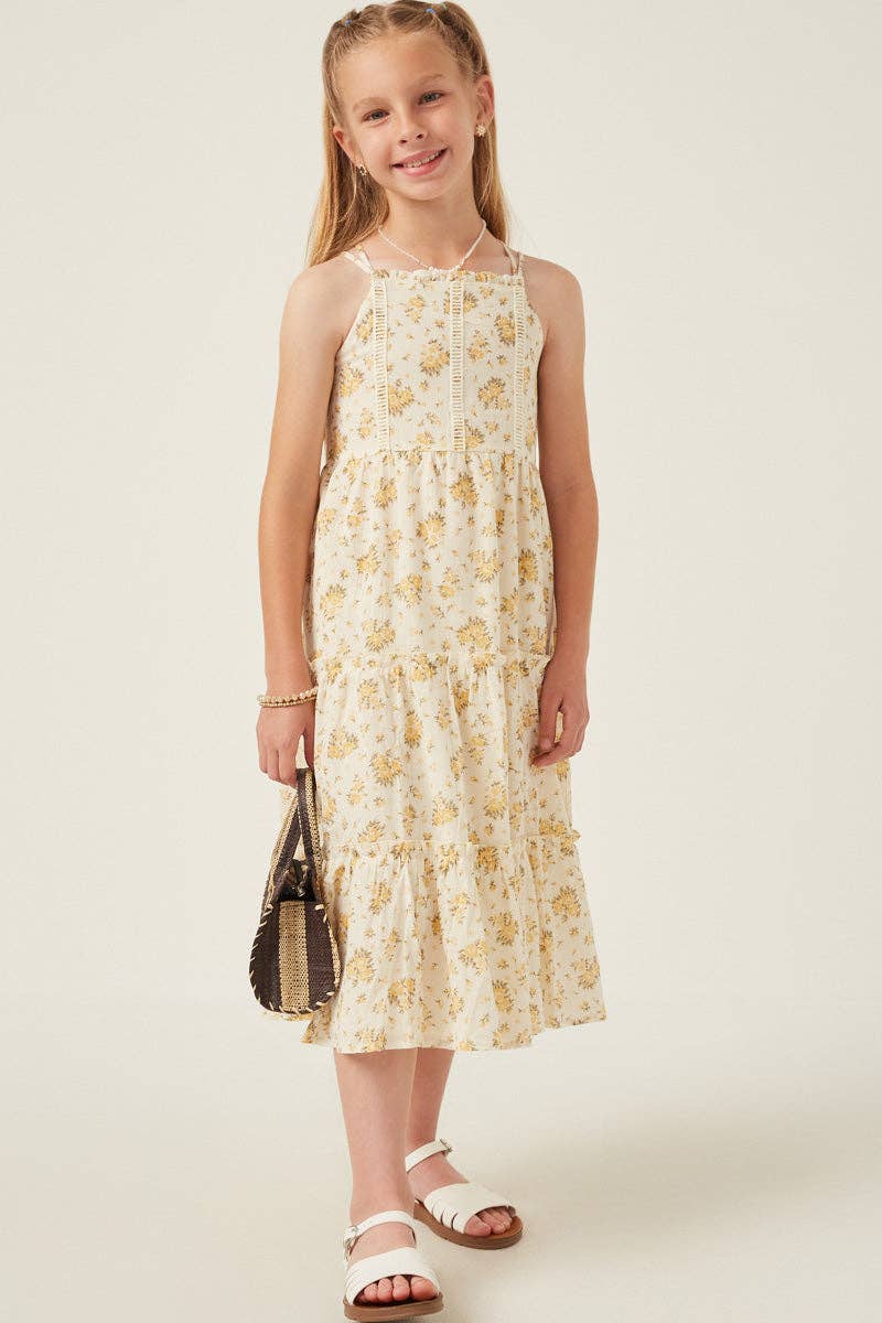 Girls Textured Lace Detail Strappy Back Dress: Yellow