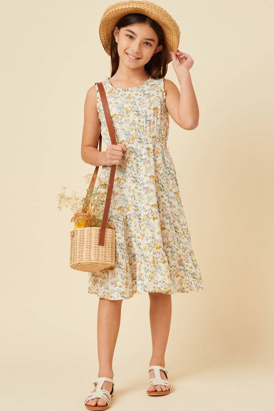 Girls Antique Floral Smocked Waist Tank Midi Dress: Ivory