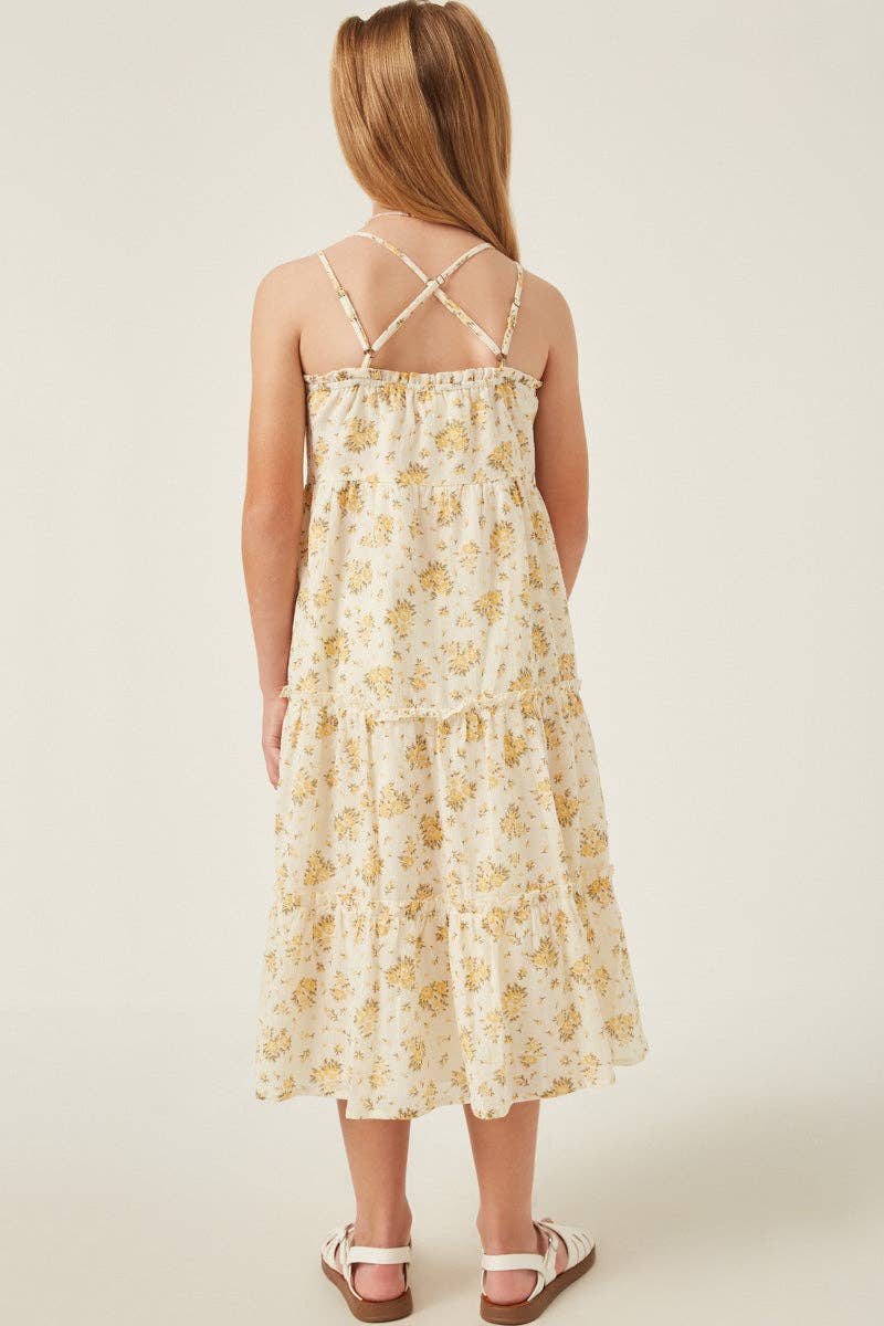 Girls Textured Lace Detail Strappy Back Dress: Yellow