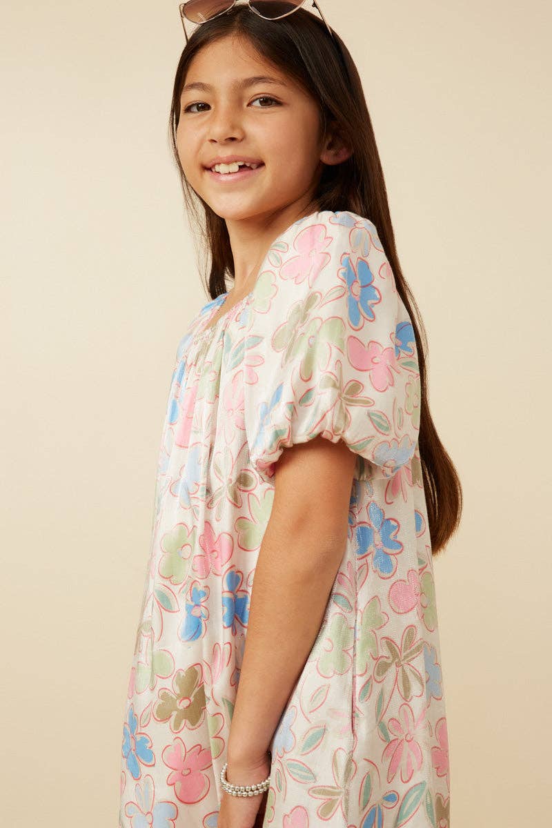 Girls Floral Puff Sleeve Foiled Dress: Ivory