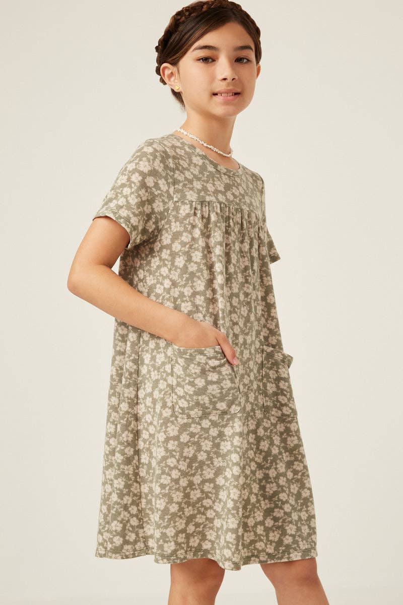Girls Floral Print French Terry Slouchy Pocket Dress: Sage