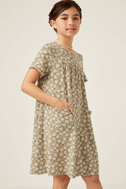 Girls Floral Print French Terry Slouchy Pocket Dress: Sage