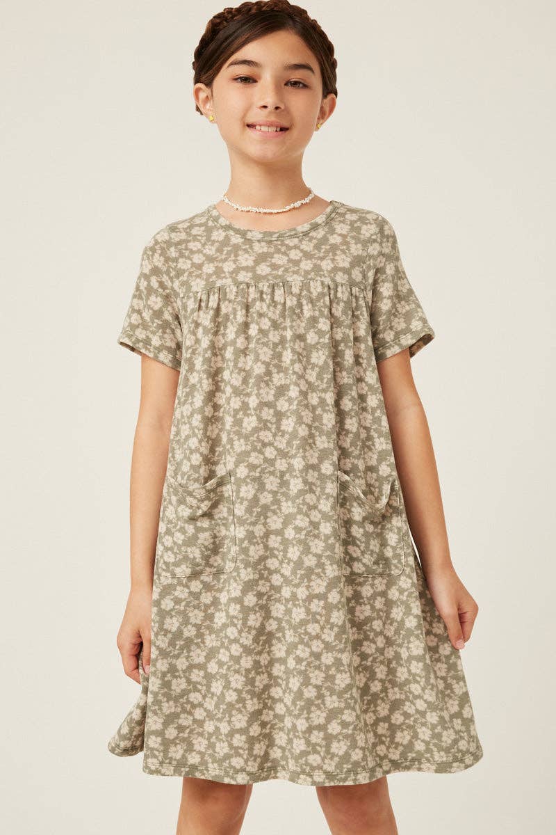 Girls Floral Print French Terry Slouchy Pocket Dress: Sage