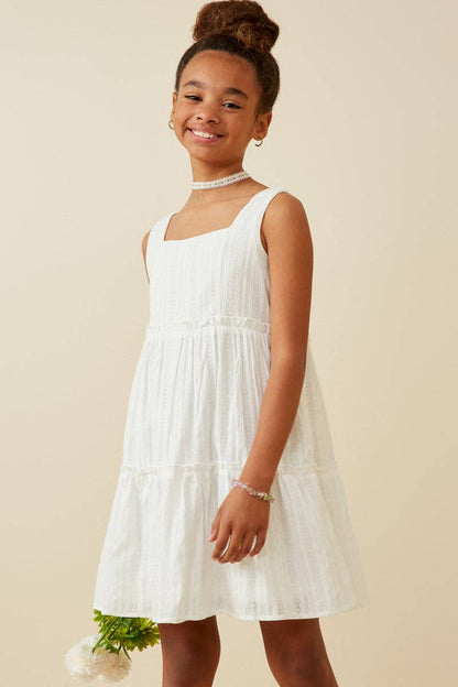 Girls Textured Square Neck Ruffle Tiered Dress: Off White