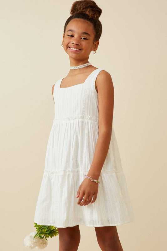 Girls Textured Square Neck Ruffle Tiered Dress: Off White