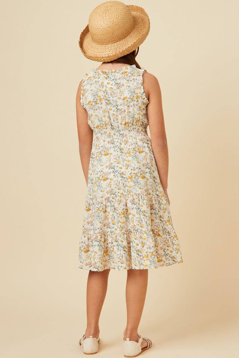 Girls Antique Floral Smocked Waist Tank Midi Dress: Ivory