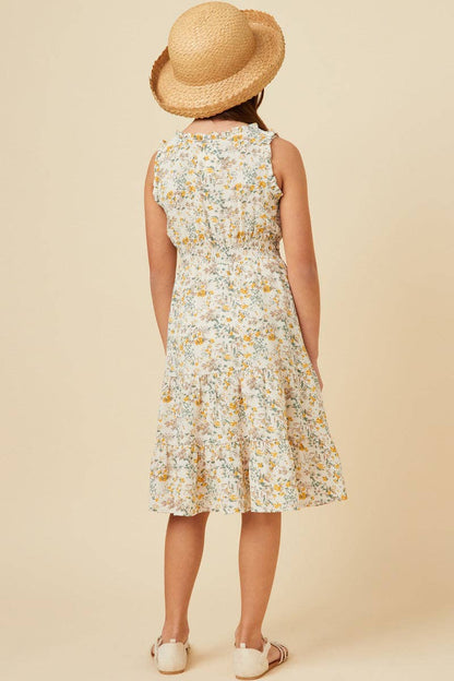 Girls Antique Floral Smocked Waist Tank Midi Dress: Ivory