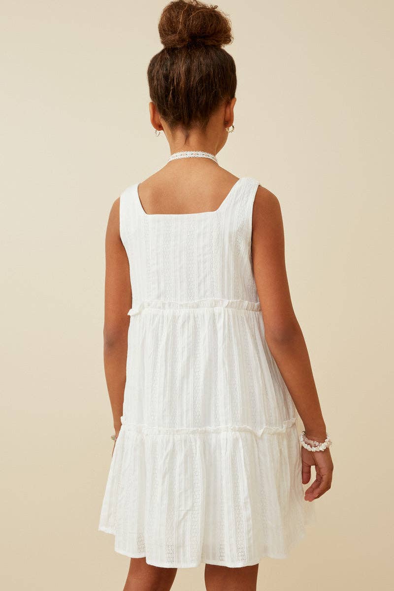 Girls Textured Square Neck Ruffle Tiered Dress: Off White