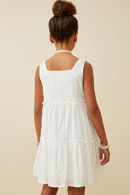 Girls Textured Square Neck Ruffle Tiered Dress: Off White