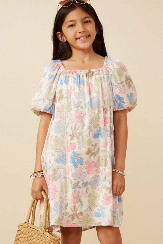 Girls Floral Puff Sleeve Foiled Dress: Ivory