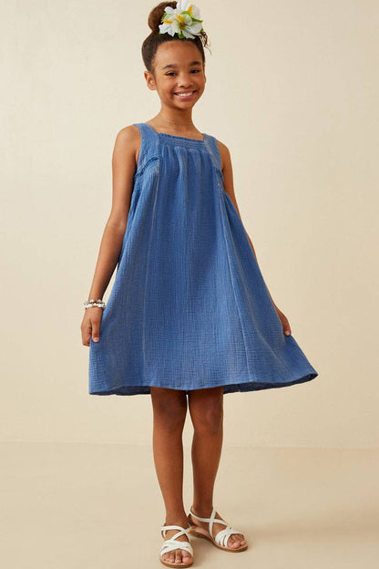 Girls Washed Textured Smock Detail Tank Dress: Blue